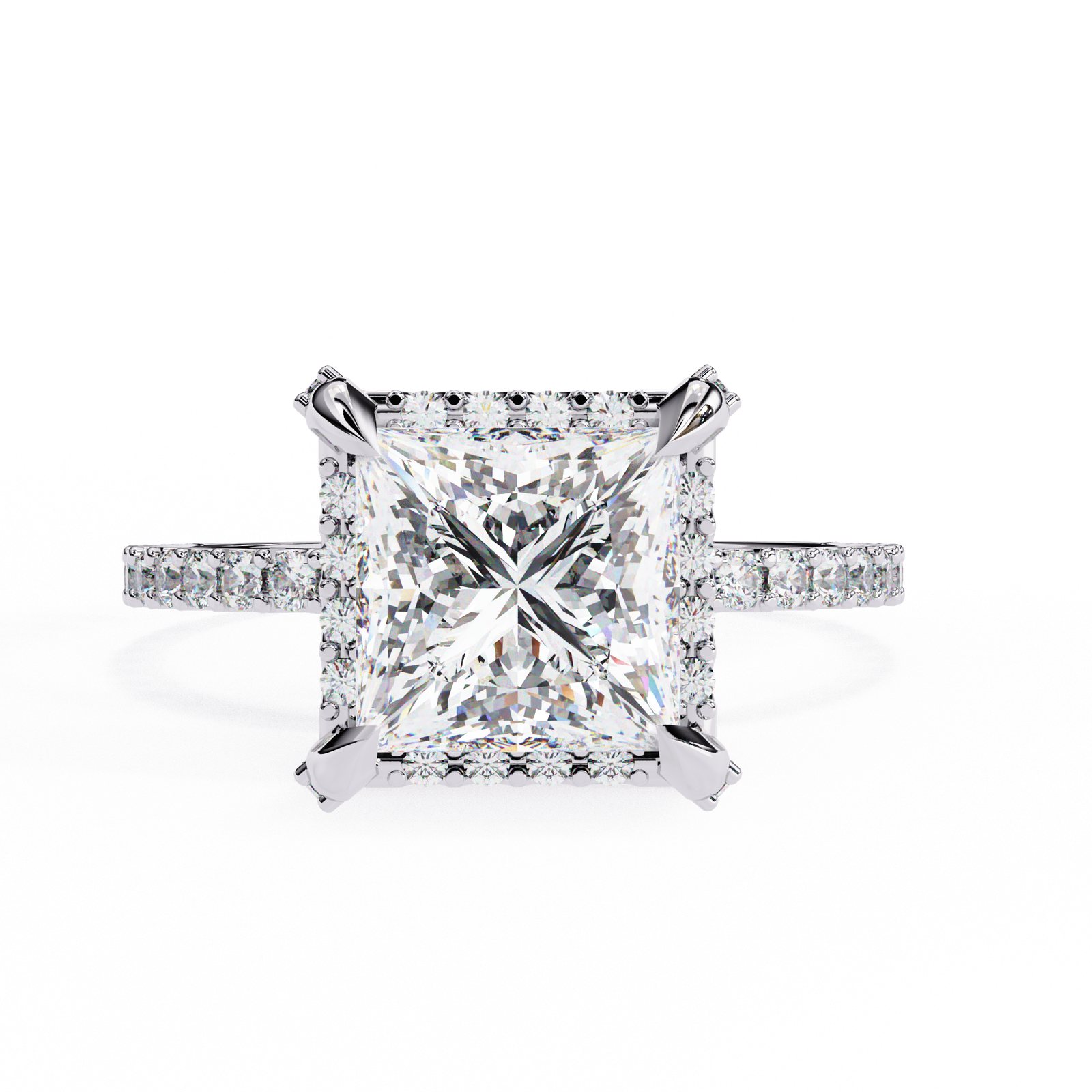 Princess-Cut Diamond Engagement Ring with Prong Setting and Pave Band